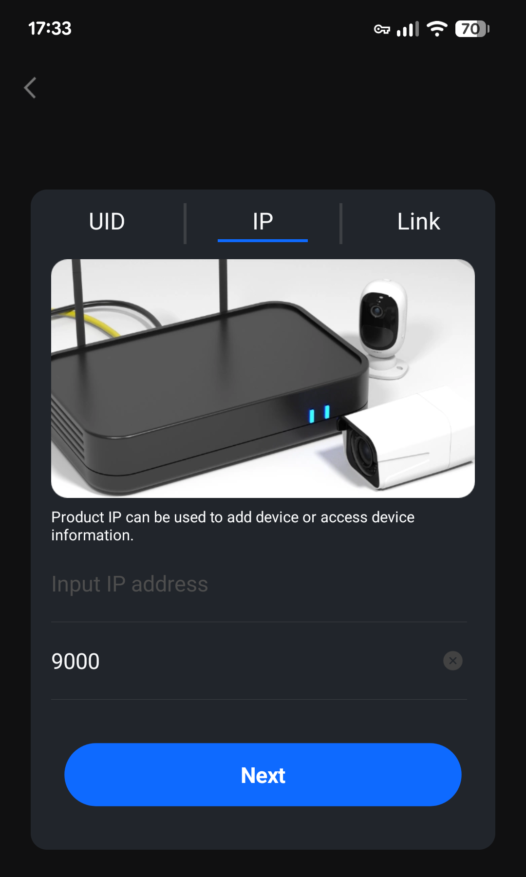 Reolink app screen for adding a camera by IP address