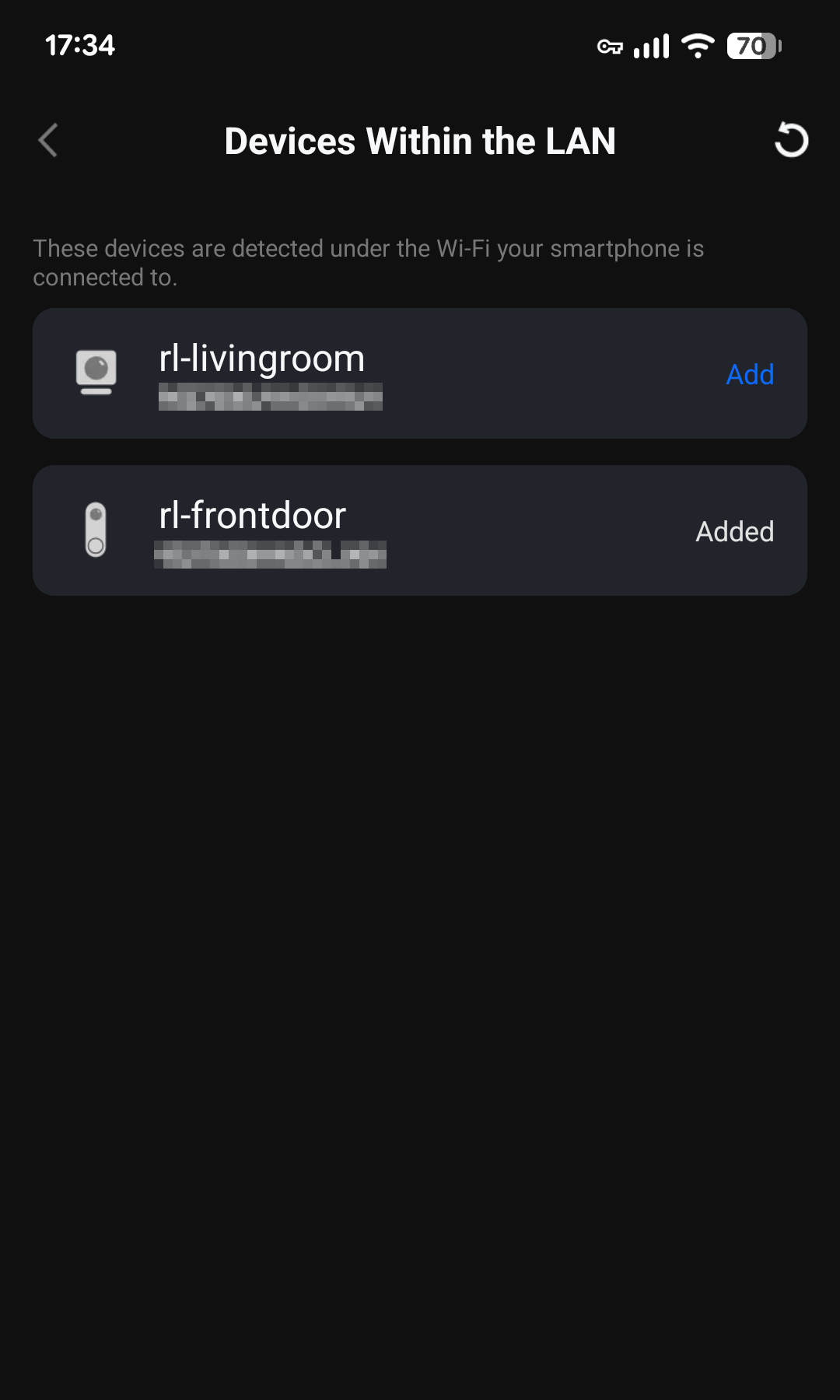 Reolink app showing cameras detected on the local network