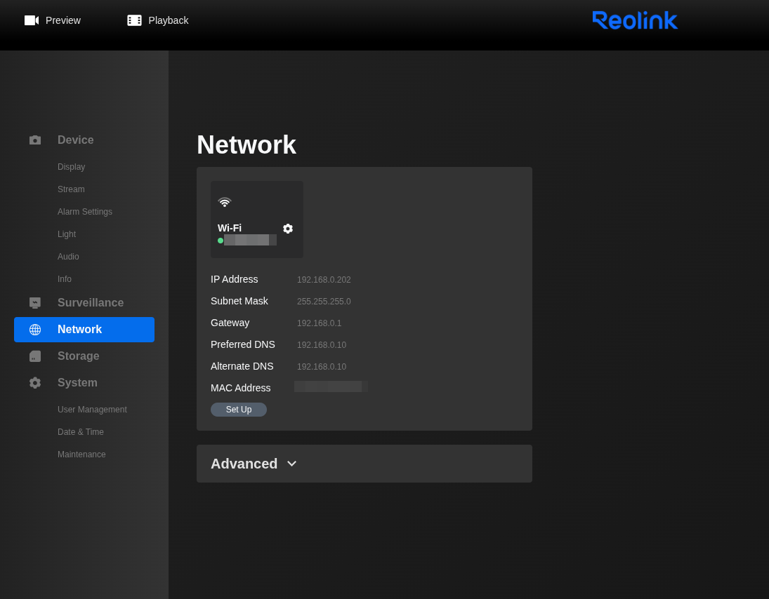 Reolink web interface showing the camera&rsquo;s local network settings