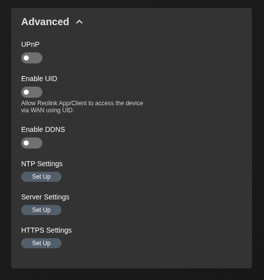 Reolink web interface showing UPnP, UID, and DDNS disabled