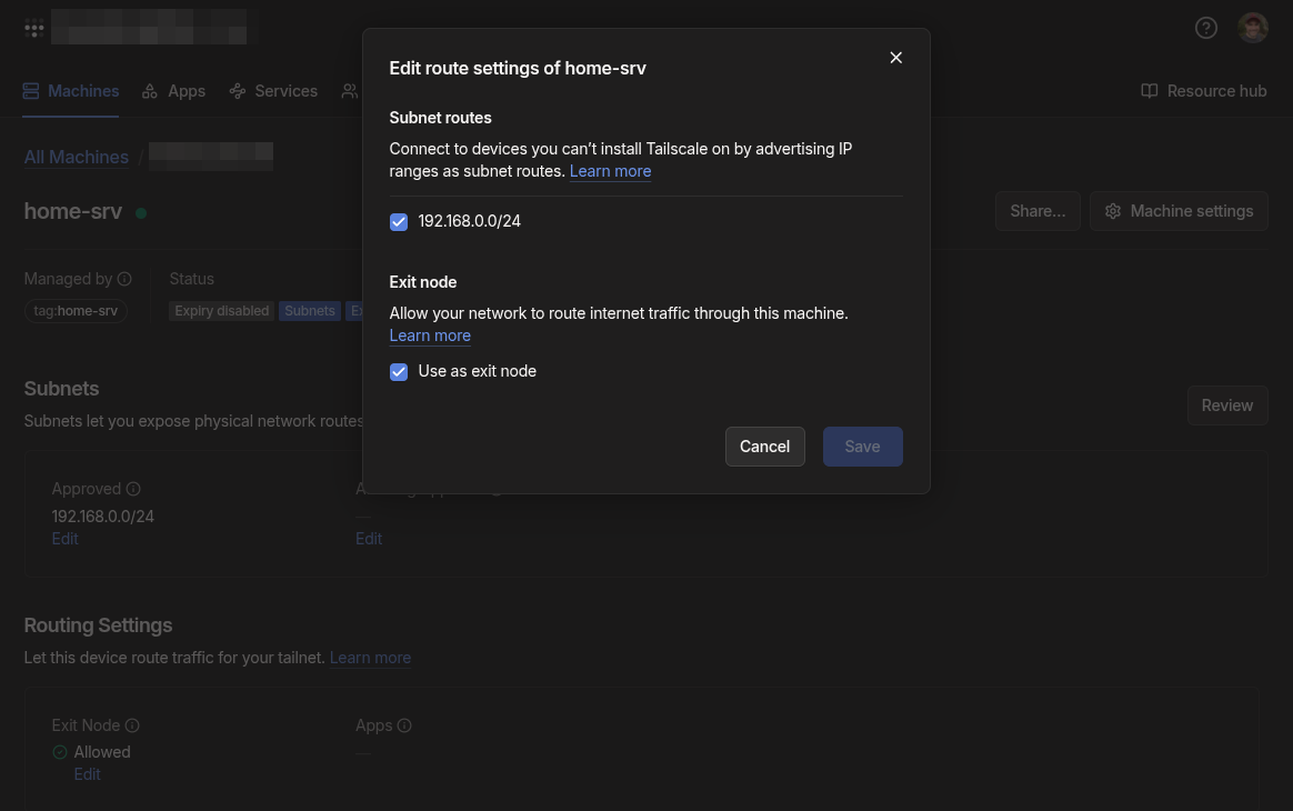 Tailscale admin console showing the subnet route approval toggle